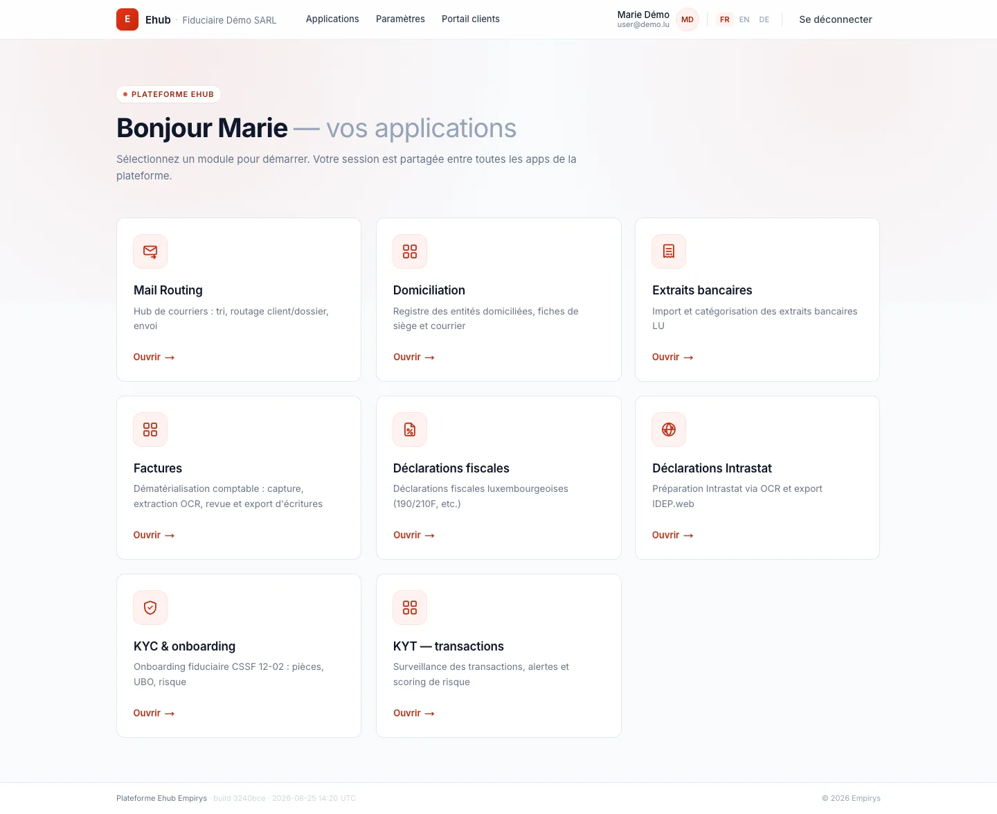 The eHub Apps launcher: a grid of modules — Mail Routing, Domiciliation, bank statements, invoices, tax returns, Intrastat returns, KYC & onboarding, KYT.
